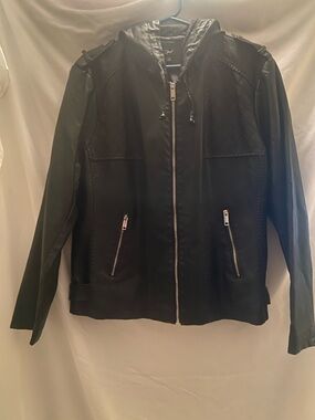 Black Hooded Faux Leather Zip Jacket XXL Ladies